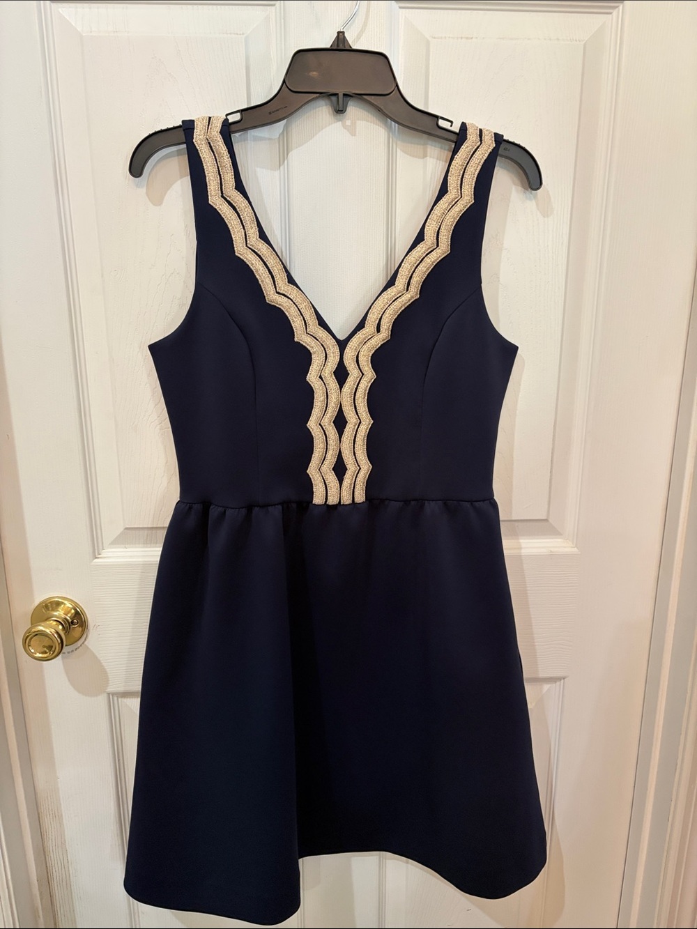 Navy Mini Dress with Gold Scalloped Trim